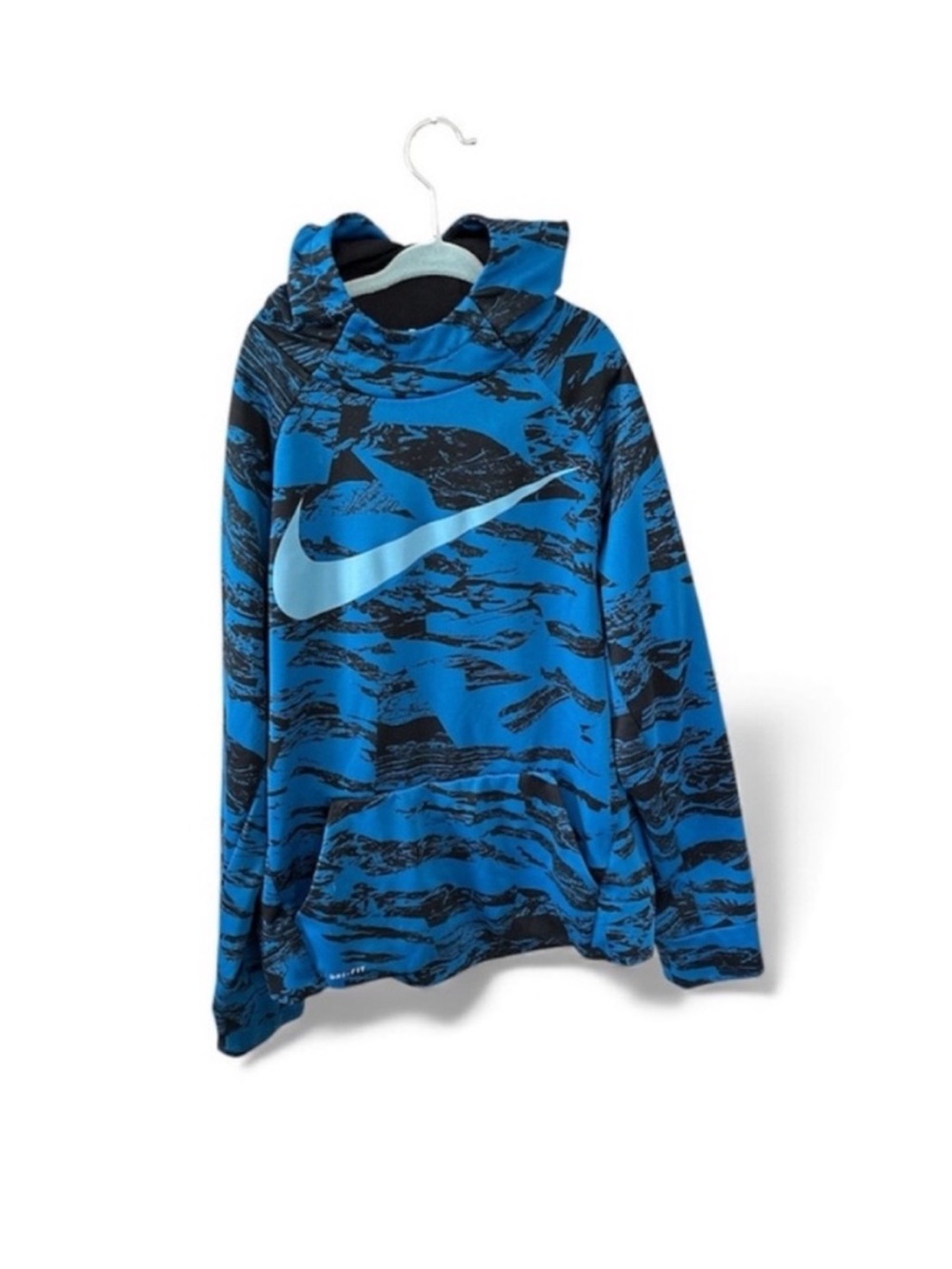 Nike Boys Dri Fit Camo Blue and Black Hoodie Kangaroo Pockets Hooded Large